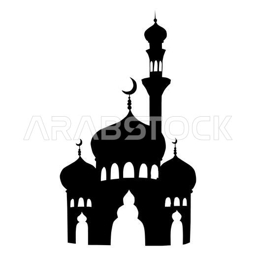 Silhouette of Islamic mosque and minaret with crescent moon illustration isolated on white background. Muslim hand drawn holiday Ramadan Kareem or Eid