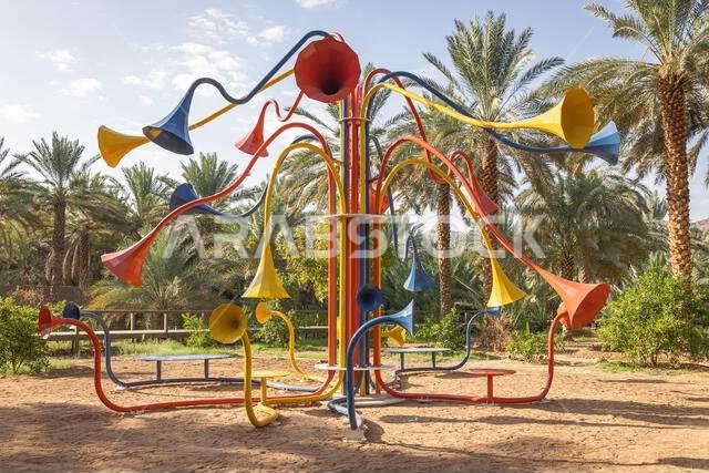 Middle East, Saudi Arabia, Medina, Al-Ula. November 18, 2023. Children's playground at the Daimumah Oasis.