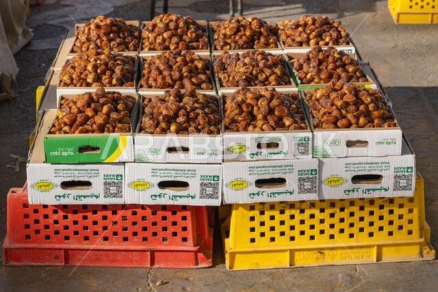 Middle East, Saudi Arabia, Al-Qassim, Buraydah. November 13, 2023. Boxes of dates at a market in Buraydah. November 13, 2023. Middle East, Saudi Arabia, Al-Qassim, Buraydah. November 13, 2023. Boxes of dates at a market in Buraydah. November 13, 2023.