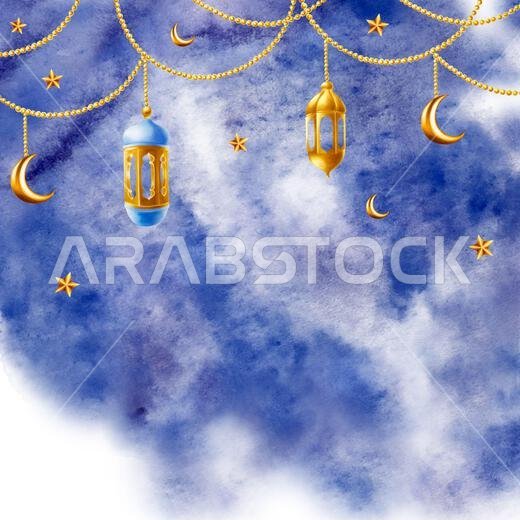 Watercolor Islamic arabian frame with golden crescent moon, stars on a gold chains and lanterns illustration isolated on blue night background. Muslim