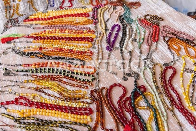 Middle East, Saudi Arabia, Riyadh, Al-Dirah. Beaded necklaces at the Souq Al-Zal.
