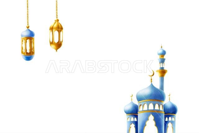 Watercolor Islamic with arabian frame, templates with golden crescent moon illustrations, stars and lanterns, mosque and minaret with crescent moon is
