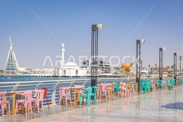 Middle East, Saudi Arabia, Mecca Province, Jeddah. November 21, 2023. Seating area on the waterfront in Jeddah. November 21, 2023.