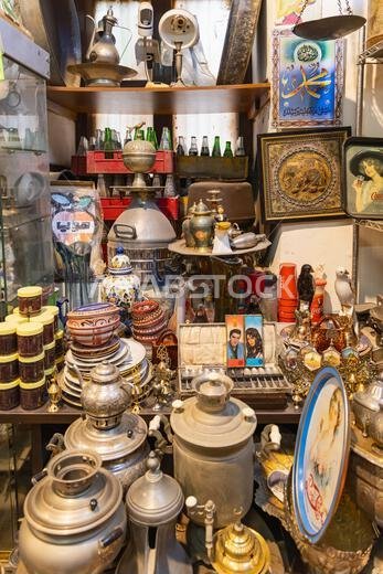 Middle East, Saudi Arabia, Mecca Province, Jeddah. November 21, 2023. Antique brass, copper, and tin coffee pots in the Al-Balad district.