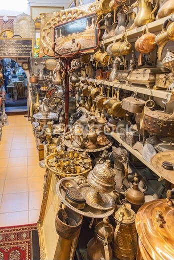 Middle East, Saudi Arabia, Mecca Province, Jeddah. November 21, 2023. Antique brass, copper, and tin coffee pots in the Al-Balad district.