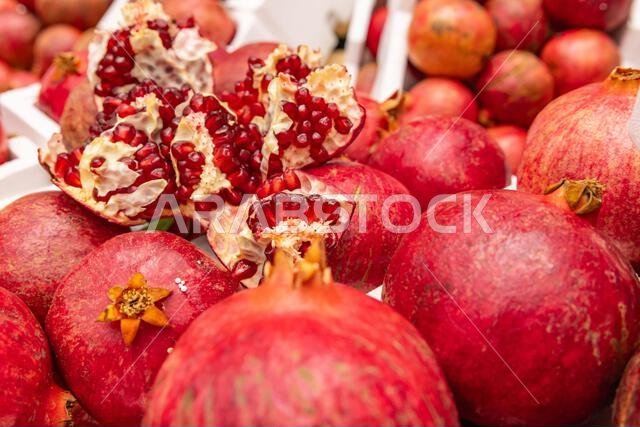 Middle East, Saudi Arabia, Al-Qassim, Buraydah. Pomegranates at a market in Buraydah. Middle East, Saudi Arabia, Al-Qassim, Buraydah. Pomegranates at a market in Buraydah.