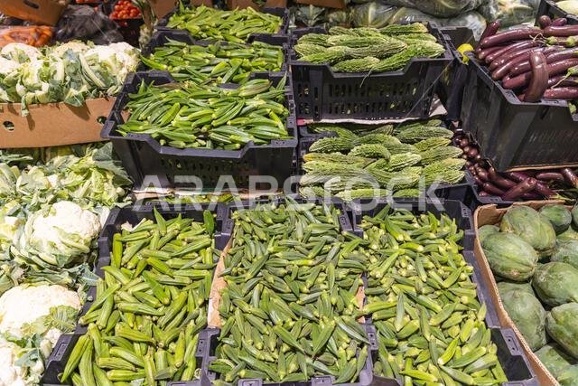 Middle East, Saudi Arabia, Al-Qassim, Buraydah. Fresh vegetables at a market in Buraydah. Middle East, Saudi Arabia, Al-Qassim, Buraydah. Fresh vegetables at a market in Buraydah.
