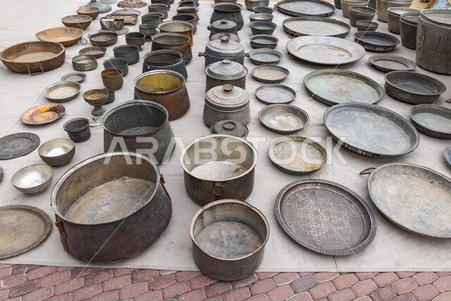 Middle East, Saudi Arabia, Riyadh, Al-Dirah. Cooking pots at the Souq Al-Zal. Middle East, Saudi Arabia, Riyadh, Al-Dirah. Cooking pots at the Souq Al-Zal.