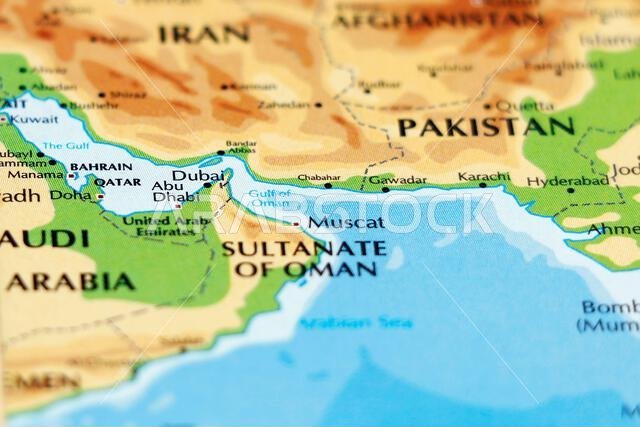 خريطة العالم لدول الشرق الأوسط: قطر، عمان، الإمارات العربية المتحدة، البحرين، دبي، أبو ظبي، المنامة، الدوحة (صورة مقربة)
