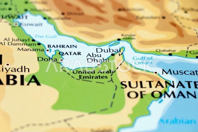 world map of middle east countries, qatar, oman, united arab emirates, bahrain, dubai, abu dhabi, manama, doha in close up
