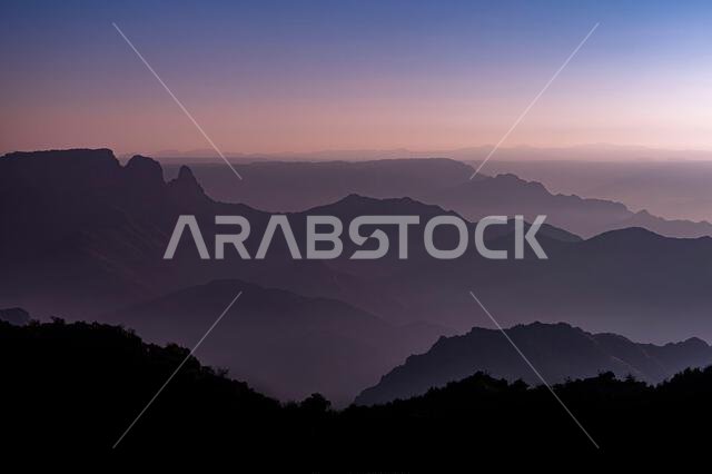 Colorful landscape background at sunrise in the Asir Mountains in Saudi Arabia.