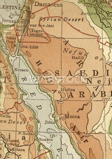A vintage/antique geographical map in sepia showing Saudi Arabia and the Red Sea.