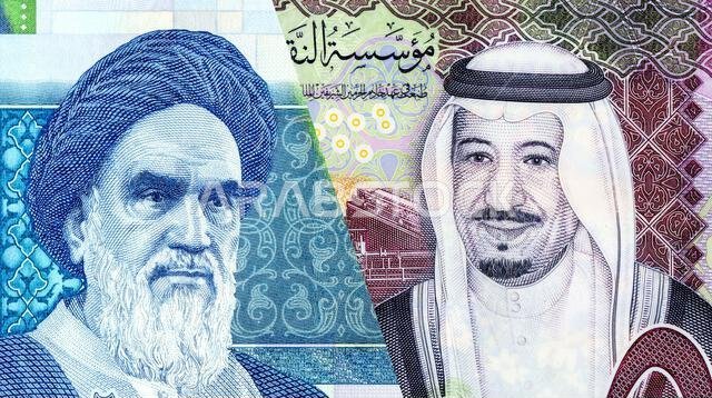 Saudi Arabia Riyal banknote with King Salman and Iranian rial banknote with Ayatollah Khomeini. Business concept of the exchange rate, stock exchange,