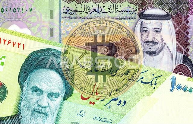 عملة الريال السعودي عليها صورة الملك سلمان، وعملة الريال الإيراني عليها صورة آية الله الخميني، وعملة بيتكوين شفافة. المفهوم التجاري للبورصة