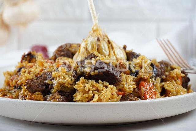 The national Saudi Arabian dish beef kabsa with rice ,western Arabic food , Yemeni food. beef with rice.