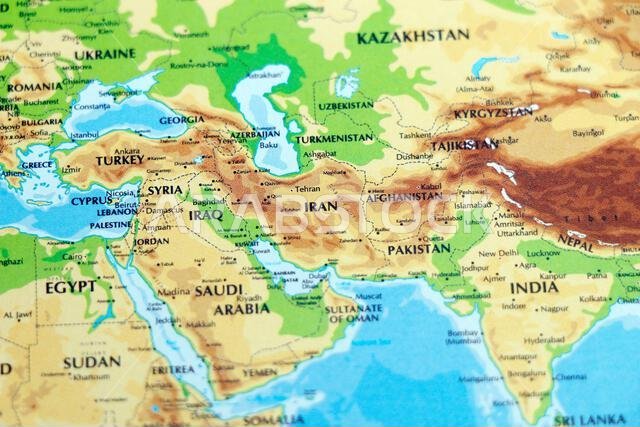 world map or atlas of asia and middle east countries, india, pakistan, afghanistan, iran, iraq , saudi arabia in focus