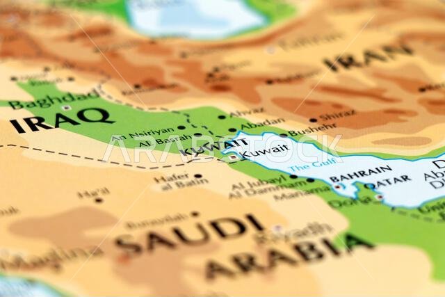 world map of asia continent, kuwait,iraq,qatar,saudi arabia countries in sharp focus