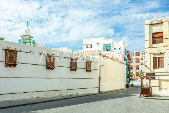 Al-Balad old town streets and  traditional muslim houses with wooden windows and balconies, Jeddah, Saudi Arabia