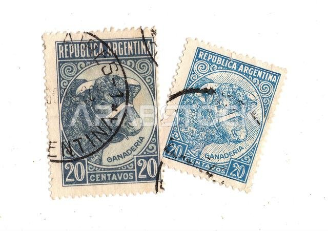 Vintage postage stamps from Saudi Argentina isolated on a white background.