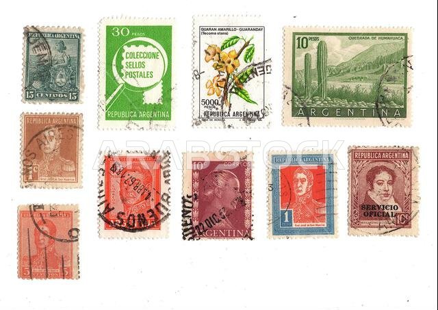 Vintage postage stamps from Saudi Argentina isolated on a white background.
