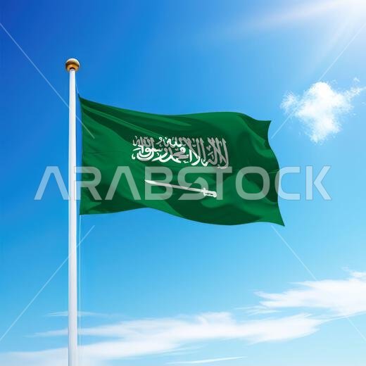 علم المملكة العربية السعودية يرفرف على سارية علم مع خلفية سماوية. قالب ليوم الاستقلال