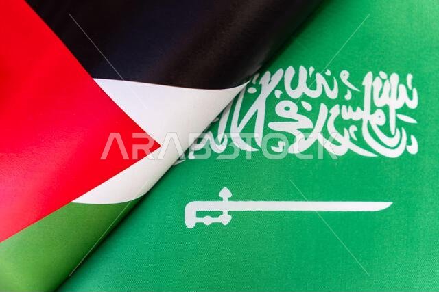 Background of the flags of the saudi arabia, palestine. The concept of interaction or counteraction between the two countries. International relations