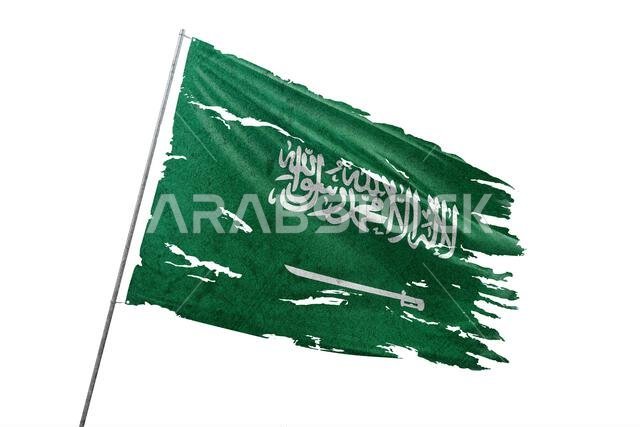 علم المملكة العربية السعودية ممزق على خلفية شفافة.