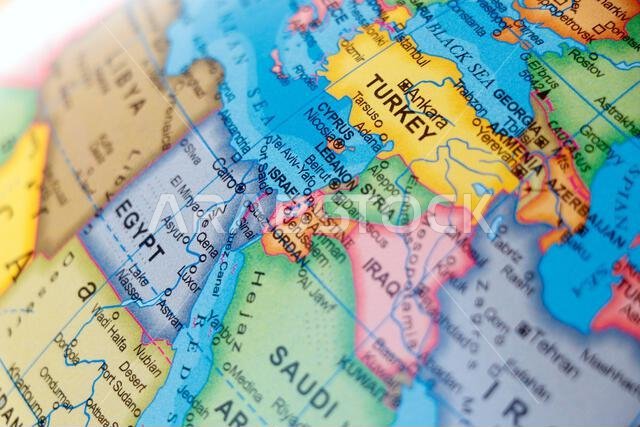 world map of middle east countries Israel, Palestine, Jordan, Iraq, Egypt, Saudi Arabia, Syria, Lebanon, Sinai, Jerusalem, Tel Aviv in close up focus.