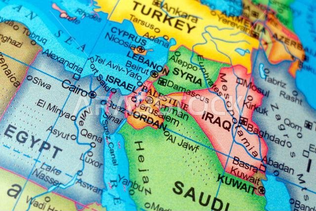 middle east countries Israel, Palestine, Jordan, Iraq, Egypt, Saudi Arabia, Syria, Lebanon, Sinai, Jerusalem, Tel Aviv in close up focus.