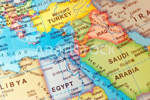 world map of middle east countries Israel, Palestine, Jordan, Iraq, Egypt, Saudi Arabia, Syria, Lebanon, Sinai, Jerusalem, Tel Aviv in close up focus.
