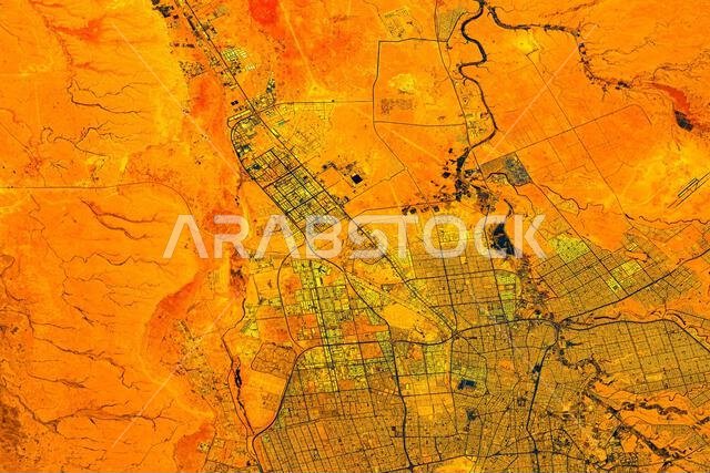 مدينة الرياض من الفضاء، المملكة العربية السعودية. صورة مُحسّنة رقمياً من قِبل وكالة ناسا.