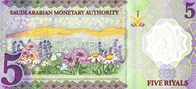 Large fragment of the reverse side with field of flowers of the polymer 5 SAR five Saudi Arabia riyals banknote