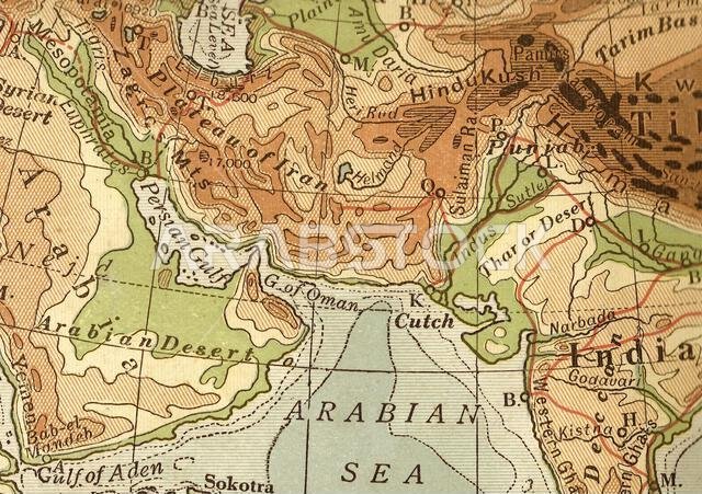 Antique geographical map in sepia of the Arabian Sea, India and Saudi Arabia.