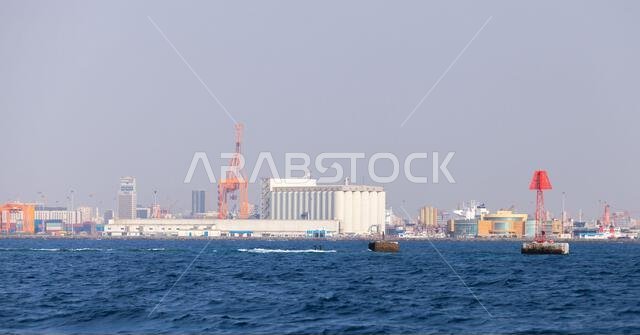 Panoramic seaside view of Jeddah Islamic Seaport, Saudi Arabia
