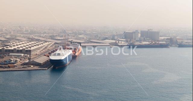Jeddah Islamic Seaport aerial view with moored cargo ships