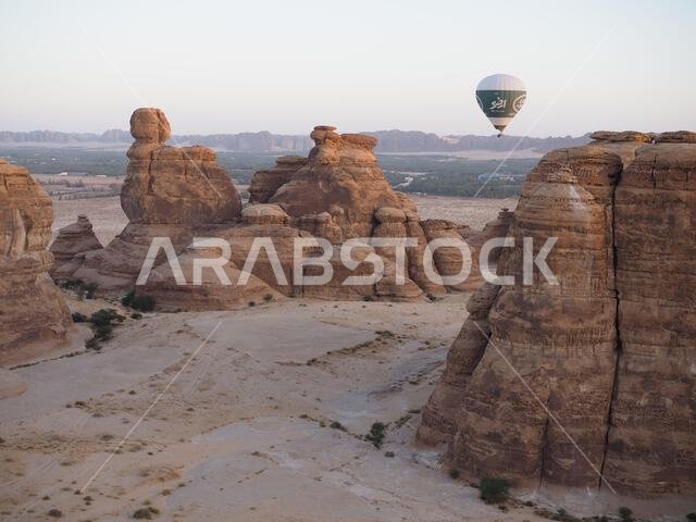 Hot air balloon over Hegra, Saudi Arabia