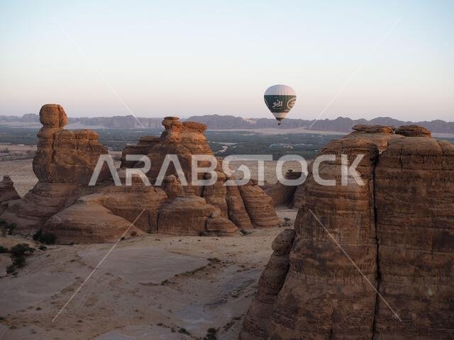 Hot air balloon over Hegra, Saudi Arabia
