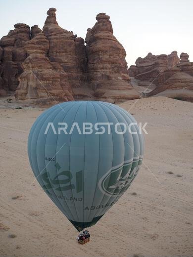 Hot air balloon over Hegra, Saudi Arabia