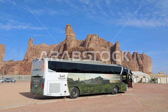 Tour bus at Al Ula in the desert of Saudi Arabia