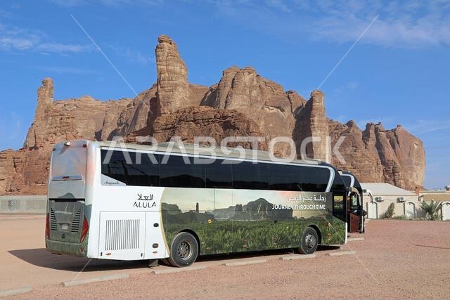 Tour bus at Al Ula in the desert of Saudi Arabia