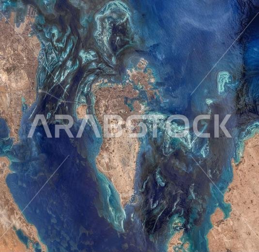Satellite view of Bahrain, a small archipelago in the Persian Gulf.
