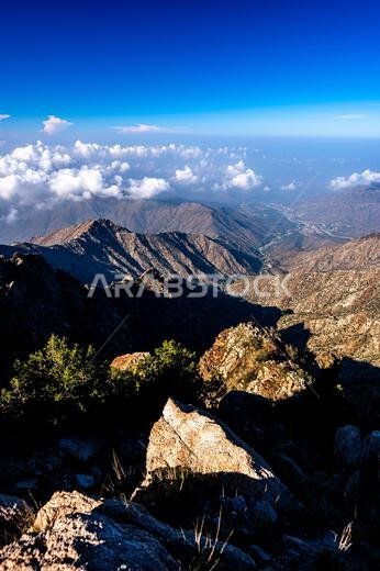 Dramatic and picturesque mountain landscape. Early morning in the Sarawat Mountains, Saudi Arabia.