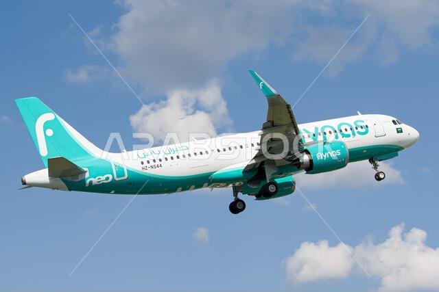 Saudi airline's Flynas Airbus A320 NEO taking off from Lviv Airport for a flight to Riyadh