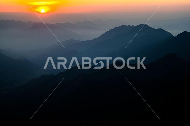Colorful landscape background at sunrise in the Asir Mountains in Saudi Arabia.