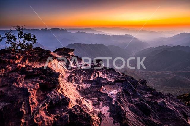Colorful landscape background at sunrise in the Asir Mountains in Saudi Arabia.