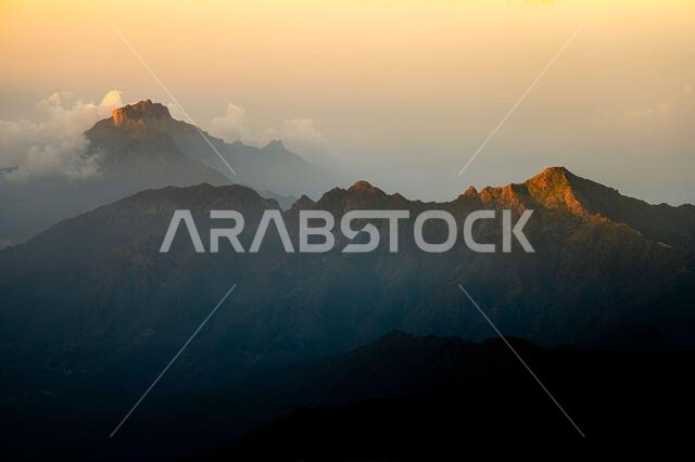 Dramatic and picturesque mountain landscape. Sunrise from Jabal Mareer. The Sarawat Mountains, Saudi Arabia.
