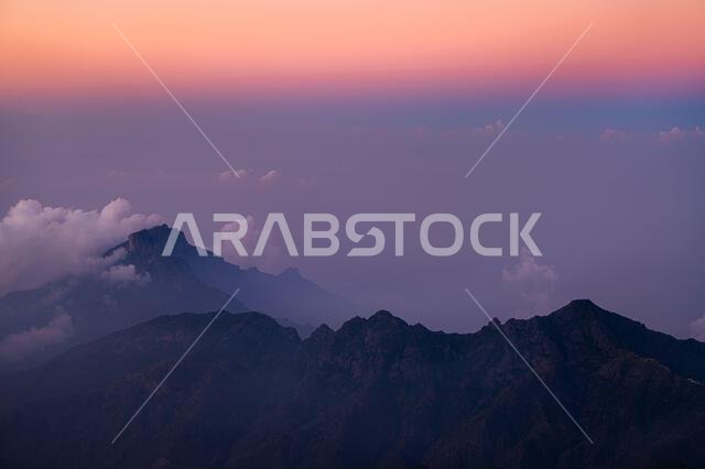 Dramatic and picturesque mountain landscape. Sunrise from Jabal Mareer. The Sarawat Mountains, Saudi Arabia.