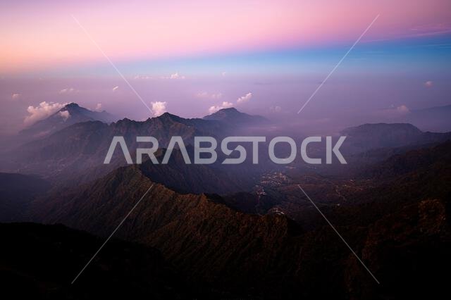 Dramatic and picturesque mountain landscape. Sunrise from Jabal Mareer. The Sarawat Mountains, Saudi Arabia.