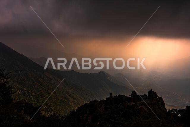 Dramatic and picturesque mountain landscape. Sunset from Jabal Mareer. The Sarawat Mountains, Saudi Arabia.