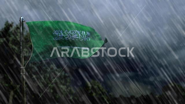 flag of Saudi Arabia with rain and dark clouds, squall wind forecast symbol - nature 3D illustration